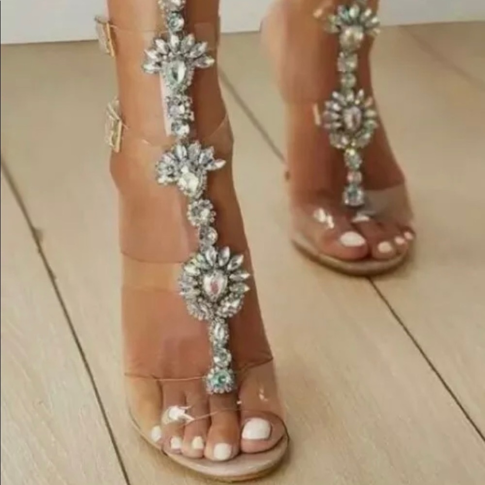 Knee High Women Gladiator Thong Sandals Strappy High Heel Bohemian Rhinestones.